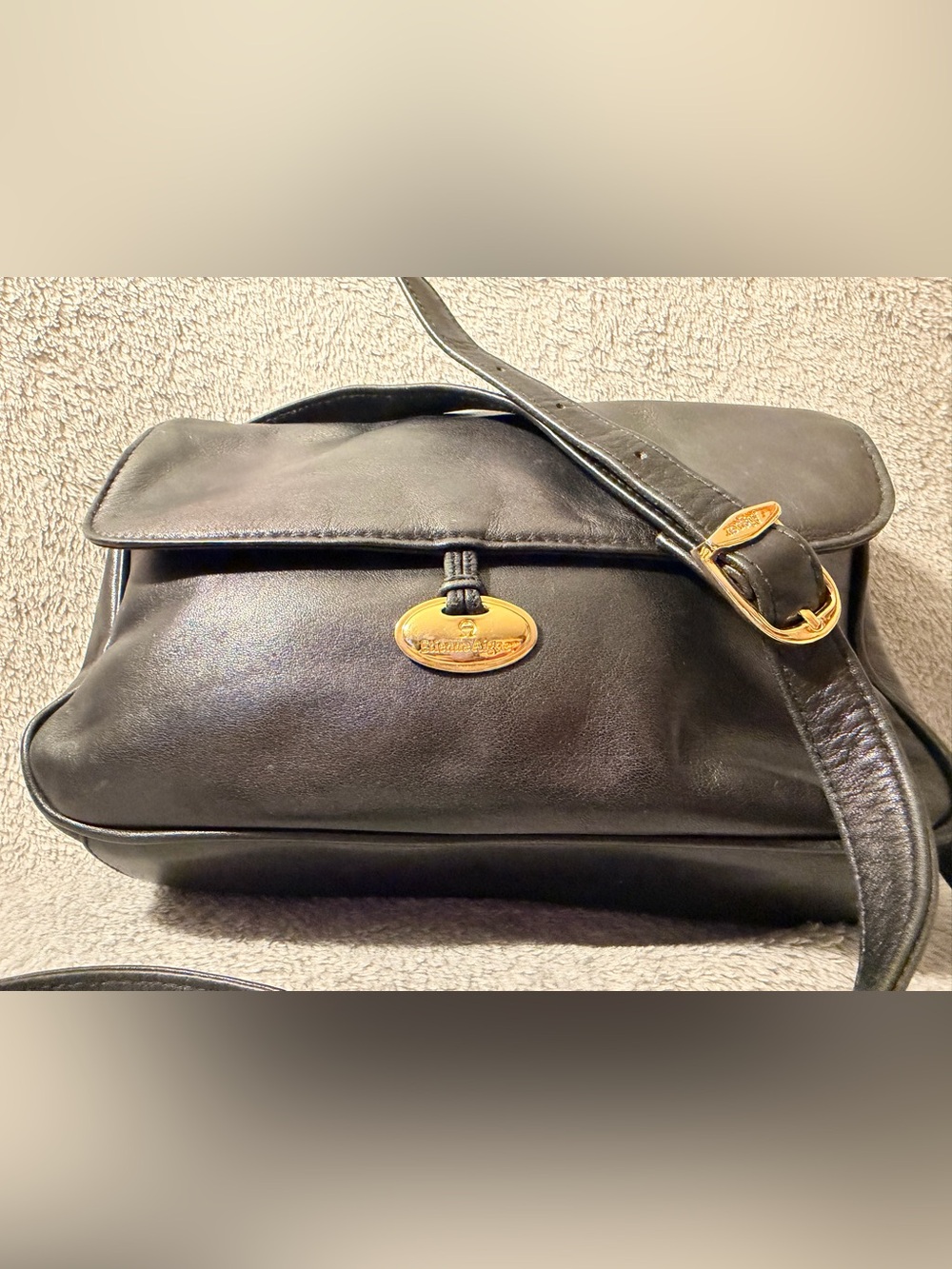 Etienne Aigner Black Leather Crossbody with Gold Accent - Picture 3 of 11